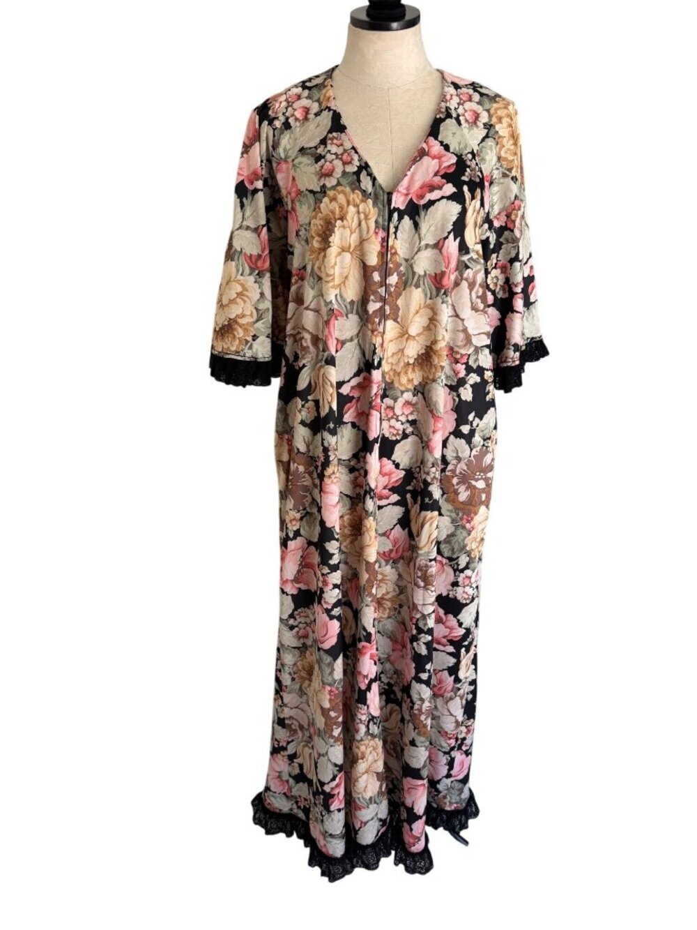California Concepts Womens Lace Trim Floral Caftan Maxi Dress Size M Vintage